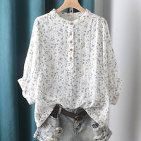 Double-layer Cotton Yarn Shirt Floral Stand Collar Loose