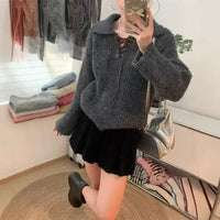 Loose Top Vintage Lace-up Polo Collar Women's Sweater