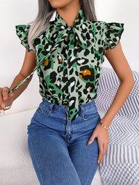 Women's Casual Leopard Print Ruffle Trim Tie Chiffon Blouse Top