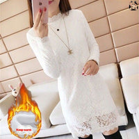 Plus-size Outerwear Long-sleeve Fleece-lined Warm Lace Dress
