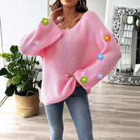 Womens Hand-Crocheted Floral Patchwork Flare-Sleeve Sweater