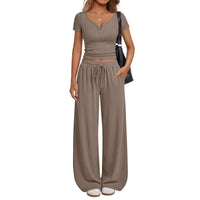 Women's Loungewear Short-Sleeve Top And Wide-Leg Pants Set