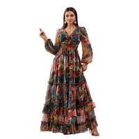 Printed Long-sleeve Puffed-sleeve Belted Maxi Dress