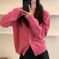 Versatile Solid-Colored Cardigan Sweater Coat With Small Gold Buttons