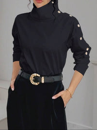 Womens High-neck Metal-buttoned Off-shoulder Blouse