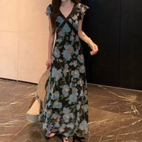 Resort Style V Neck Ruffled Sleeve Patchwork Maxi Dress