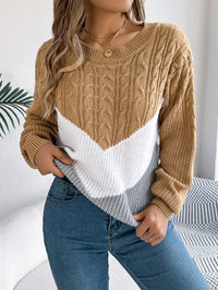 Women Casual Color Block Cable Knit Lantern Sleeve Pullover Sweater