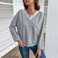 Bestselling V-neck Sweatshirt Lace-panel Top Fashionable Pullover T-shirt