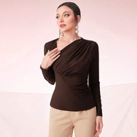 Womens Slant-Neckline Slim-Fit Pleated Versatile Base Top Long-Sleeve Blouse