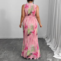 Plus-size Womens Round-neck Pleated Dress With A Traditional Chinese-style Print