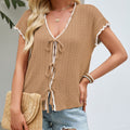 Color-block V-neck Lace-up Short-sleeve Knit Midriff-baring Cardigan