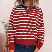 Women's Denim Patchwork Lapel Knitted Stripe Color Block Fake Two-piece Sweater