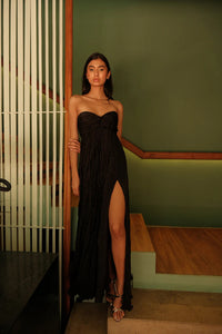 Split Hem Pleated Off Shoulder Mid Length Dress
