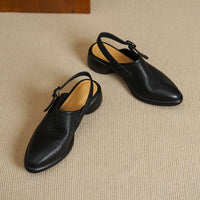 Women's Closed Toe Platform Genuine Leather Sandals, Round Toe, Chunky Heel, Single Buckle Strap, Open Back Roman Style, First-Layer Lambskin Shoes
