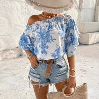 Off-Shoulder Floral Ruffle-Sleeve Womens Short-Sleeve Top