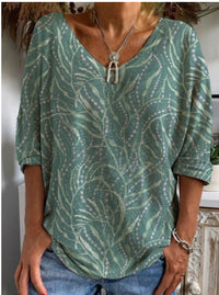Women's Casual Button Geometric Printed Long-sleeved T-shirt