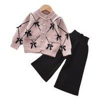 Girls' Bowknot Sweater Cardigan Wool Knitted Wide-leg Pants Two-piece Set