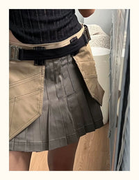 Functional Workwear Style Girl Army Green Low Waist Pleated Skirt