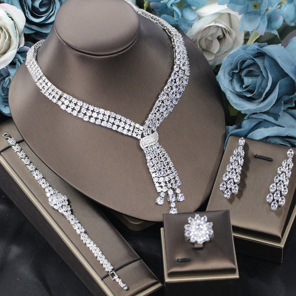 Bride Wedding Jewelry Suit Zircon Tassel Necklace Earrings Four-piece Set