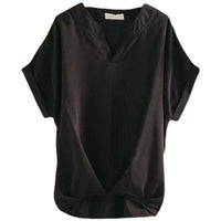 Solid Color And V-neck Batwing Sleeve Top Loose Slimming Cotton And Linen Shirt