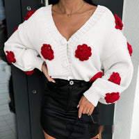 Three-dimensional Women's Flower Shape Loose V-neck Buttons Sweater