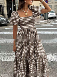 Plaid Square-neck Puffed-sleeve Pleated Dress