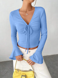 Womens Autumn City-style Blouse With A Notched Collar And Self-tie Cuffs
