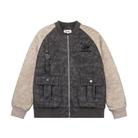 Color Contrast Patchwork Raglan Sleeve Baseball PU Leather Cotton Jacket