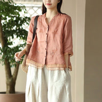 Retro Cotton-Linen Shirt Womens Artistic Cardigan Embroidered Blouse