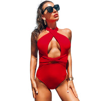 European And American Solid Color Cross One Piece Swimsuit Ladies