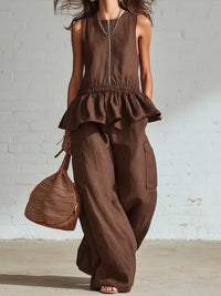 Summer Sleeveless Pleated Tank Top And Wide Leg Pants Set For Women