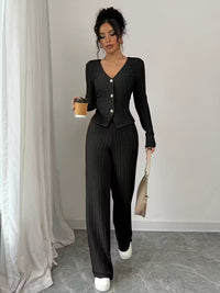 Casual Chic Ribbed Long Sleeve Wide Leg Pants Set