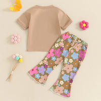 Girls Letter Flower Print Short Sleeve Flared Pants Suit