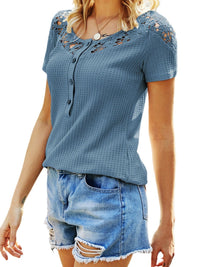 New Womens Solid-Color Lace-trimmed Short-sleeve V-neck Casual T-shirt Top