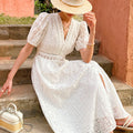 Short-sleeve Hollow-out Embroidered Slim-fit Midi Dress