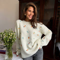Crew Neck Pullover Embroidered Flower Sweater
