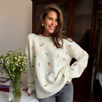 Crew Neck Pullover Embroidered Flower Sweater