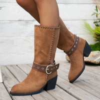 Pointed-toe Mid-calf Fashion Boots With A Belt Buckle
