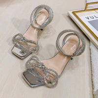 Bow-knot Square-toe Rhinestone High-heel Moccasin Sandals
