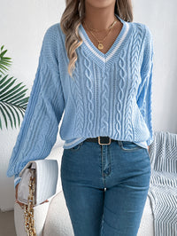 Color Block V-Neck Cable Knit Lantern Sleeve Sweater