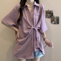 Slim-fit Trendy Mid-length Irregular Tie-waist Short-sleeve Shirt