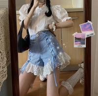 Women's Summer New Casual Lace Stitching Denim Shorts