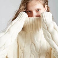 Women's High Neck Thickened Idle Style Pullover Cable-knit Sweater