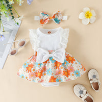 Girls' Lace Edge Sunken Stripe Sleeveless Stitching Flower Print Romper