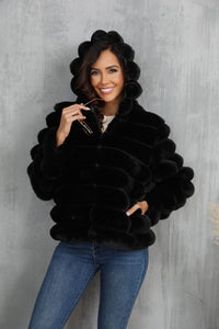 Women's Striped Hooded Imitation Fur Short Jacket