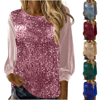 European And American Women's Clothing Casual Round Neck Long Sleeve Pullover Loose Sequins Top