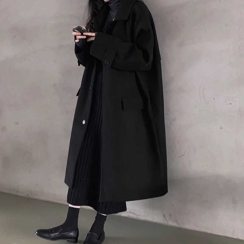 Retro Lapels Single-breasted Loose Mid-length Woolen Coat