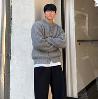 Mens Crew-neck Cardigan Sweater Loose-fitting Warm Knitted Outerwear