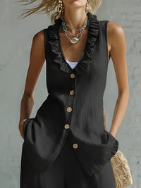 Linen Blend Sleeveless Vest Top Button-Front V-Neck Blouse For Women
