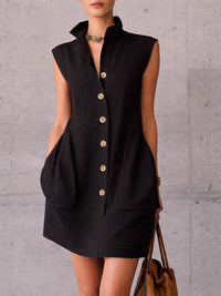 Slimming Sleeveless Stand-Collar Shirt Dress For Summer